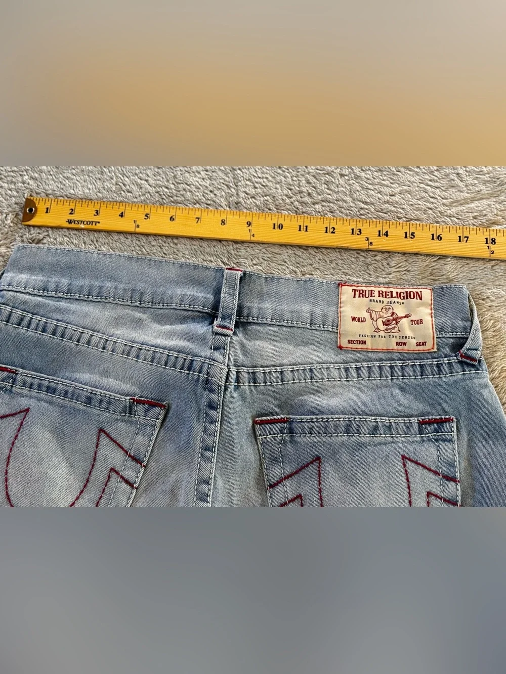 True Religion Light Wash Denim Rocco Skinny Jean Shorts with Red Stitching